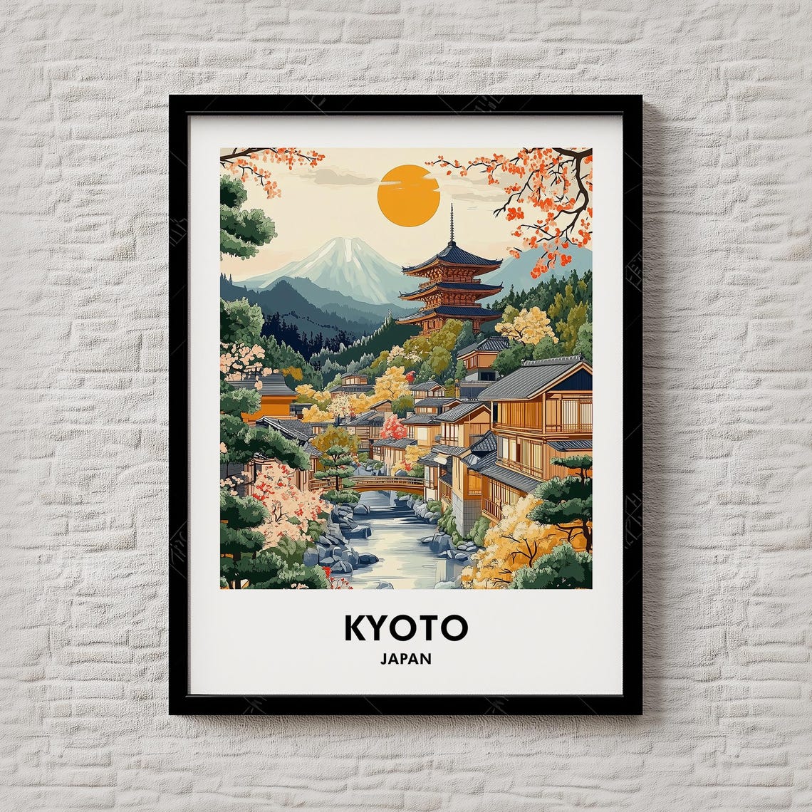 Kyoto Japan Pagoda Temple Autumn Village Mount Fuji Travel Poster