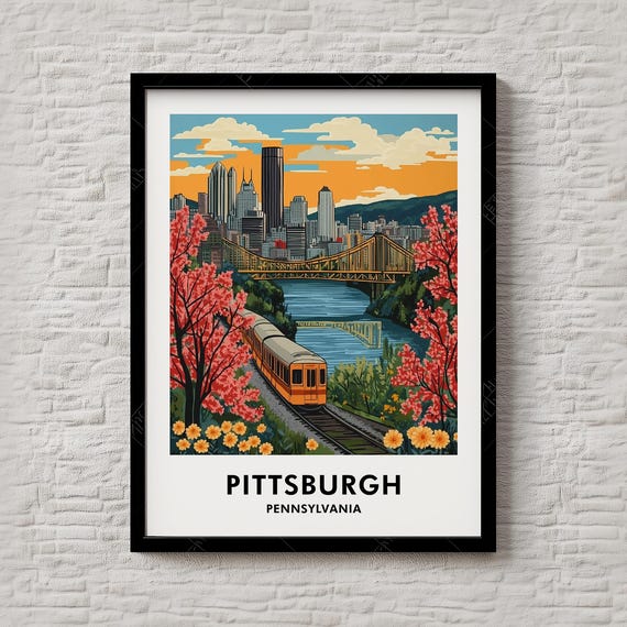 Pittsburgh Pennsylvania Skyline Bridge Spring Colors Retro Poster