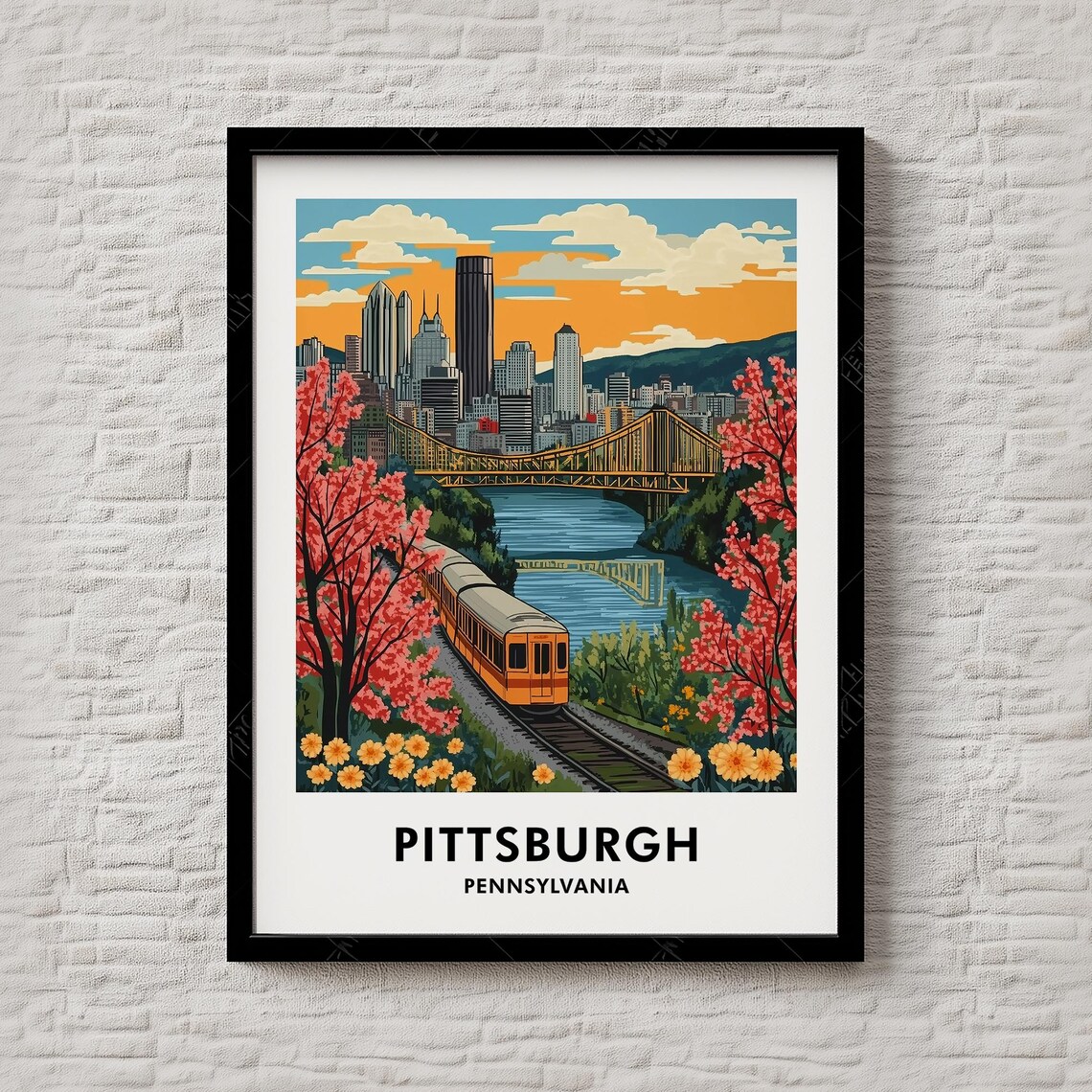 Pittsburgh Pennsylvania Skyline Bridge Spring Colors Retro Poster