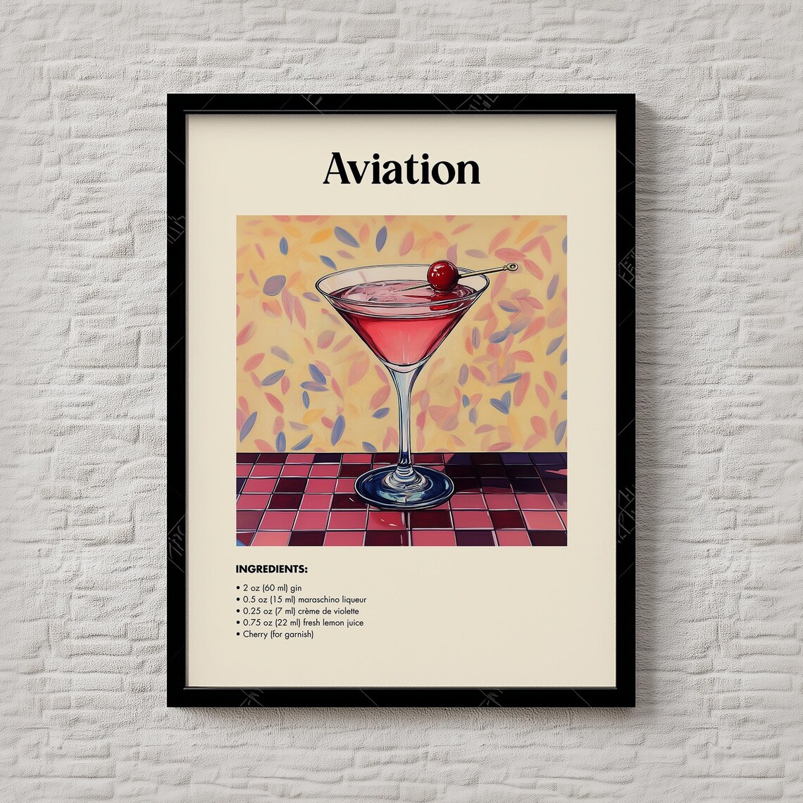 Aviation Cocktail Recipe Print Retro Purple Gin Drink Bar Cart Wall Decor