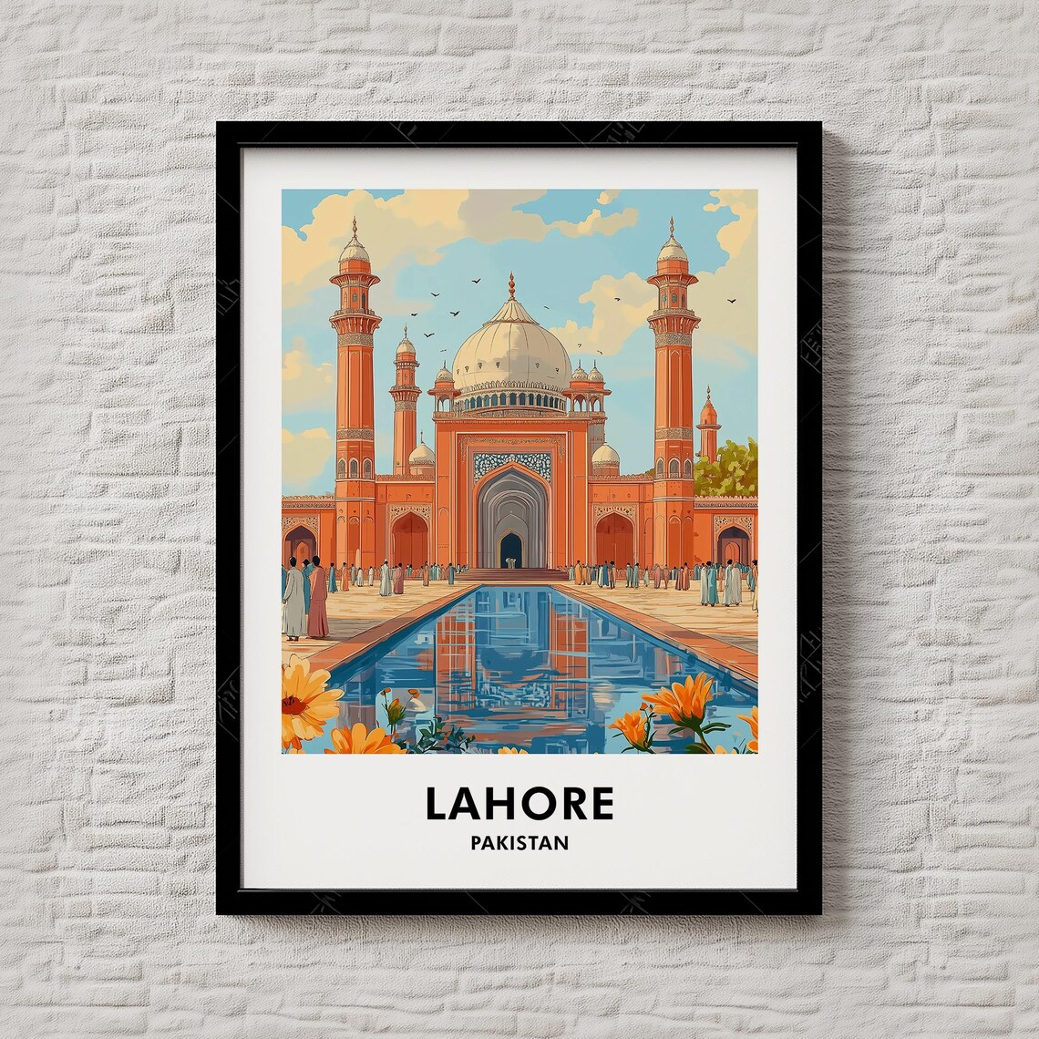 Lahore Pakistan Badshahi Mosque Reflecting Pool Travel Poster