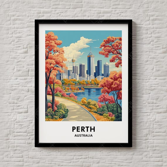 Perth Australia Skyline Autumn Trees River Retro Travel Poster
