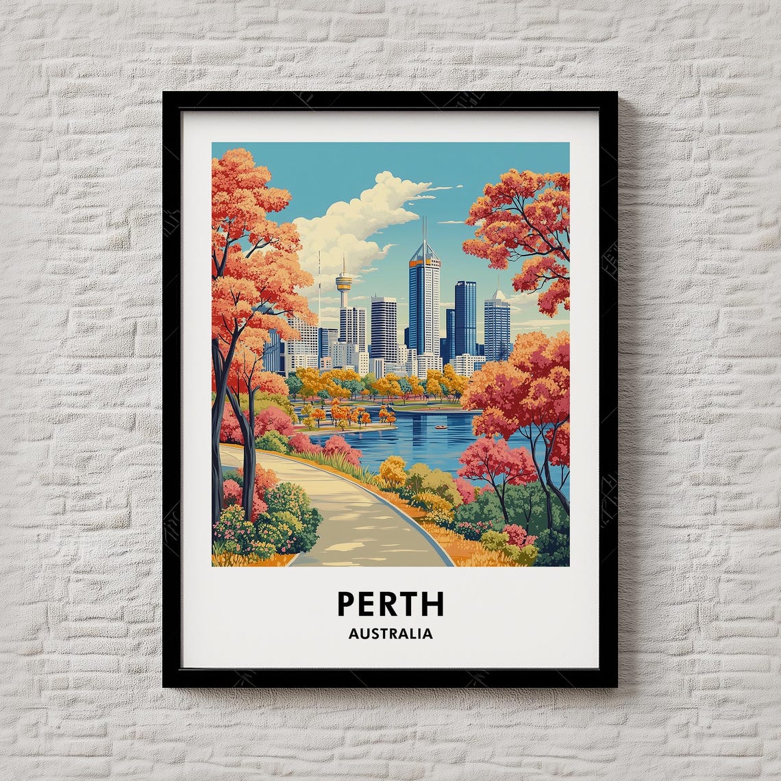 Perth Australia Skyline Autumn Trees River Retro Travel Poster