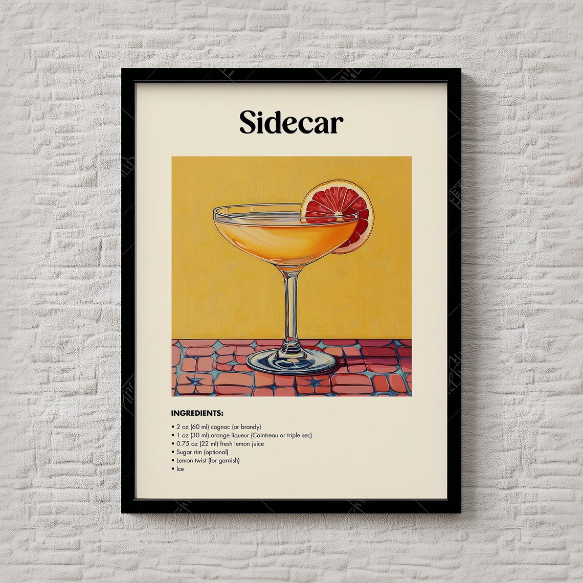 Sidecar Cocktail Recipe Cognac Orange Drink Retro Bar Wall Poster