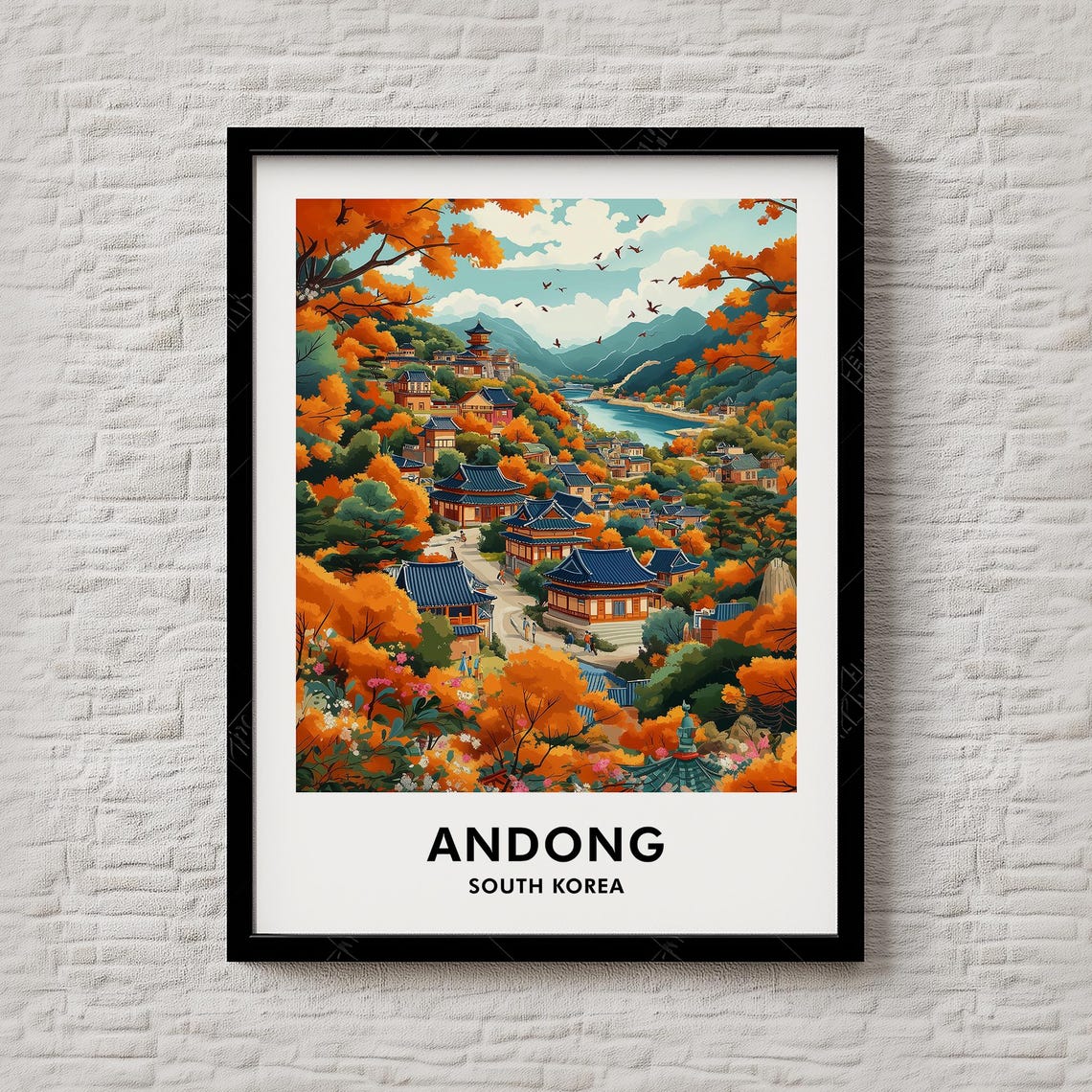 Traditional Andong South Korea Autumn Hanok Village Scene Poster