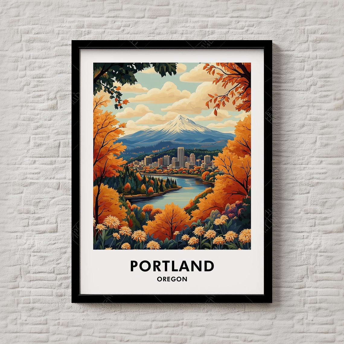 Portland Oregon Autumn Mountain River Cityscape Retro Poster