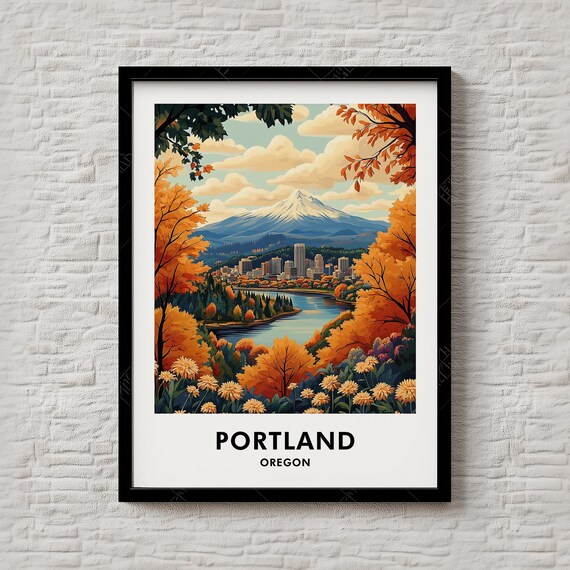 Portland Oregon Autumn Mountain River Cityscape Retro Poster