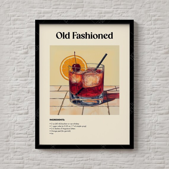 Old Fashioned Cocktail Recipe Whiskey Bitters Classic Bar Poster