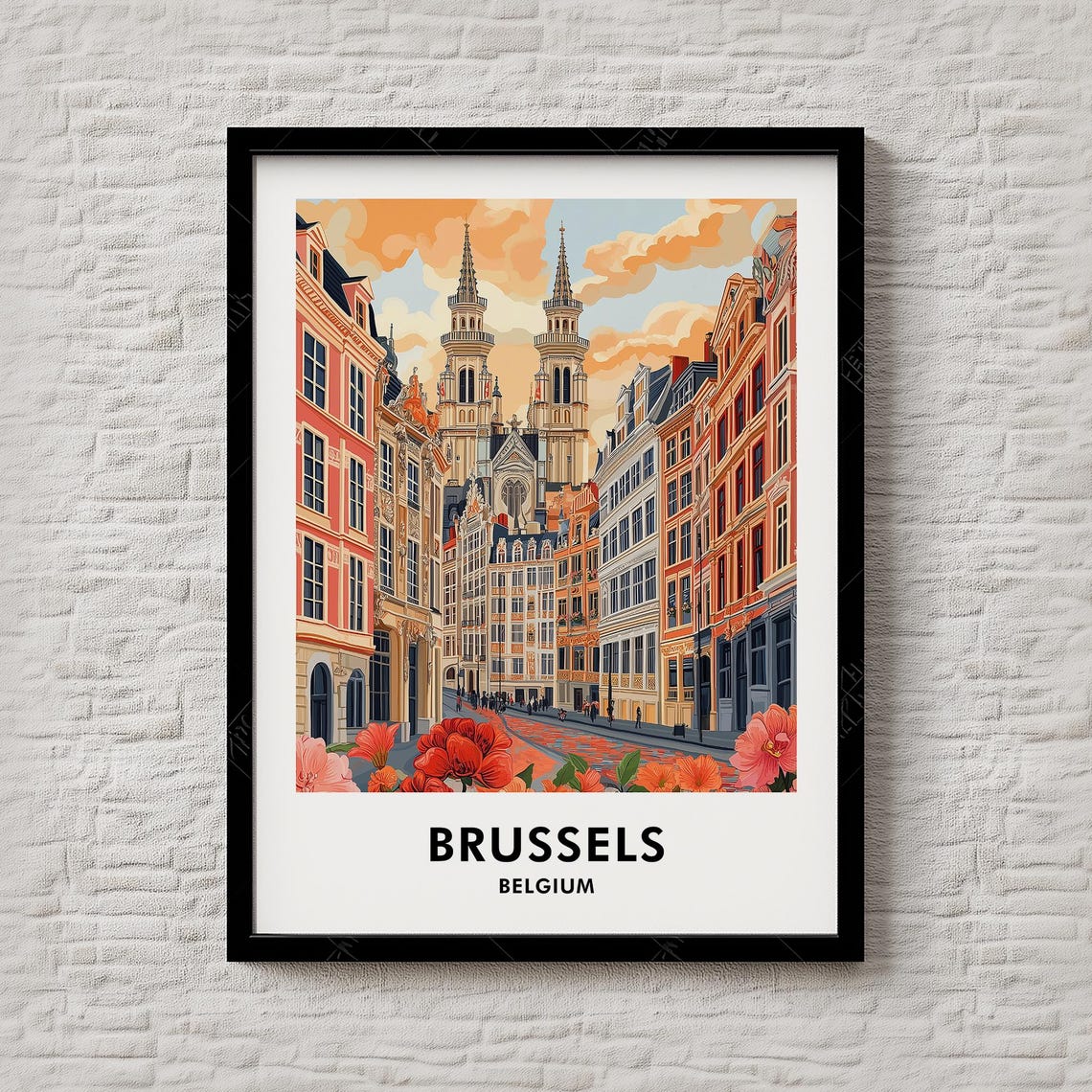 Brussels Belgium Vintage Historic Street Twin Spires Travel Poster