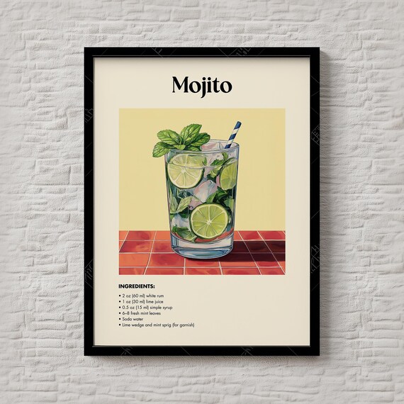 Mojito Cocktail Recipe Illustration Fresh Mint Lime Summer Bar Poster