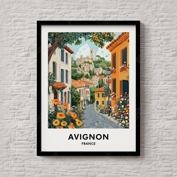 Avignon France Historic Cobblestone Street Flower Travel Poster
