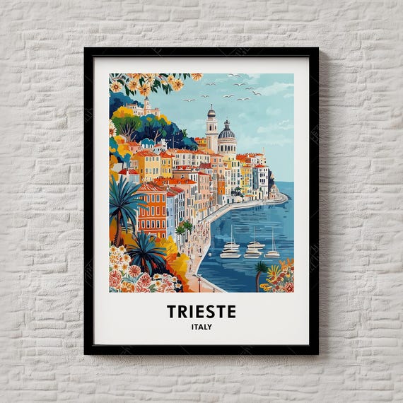 Trieste Italy Travel Poster Coastal Domed Church Marina Floral Art