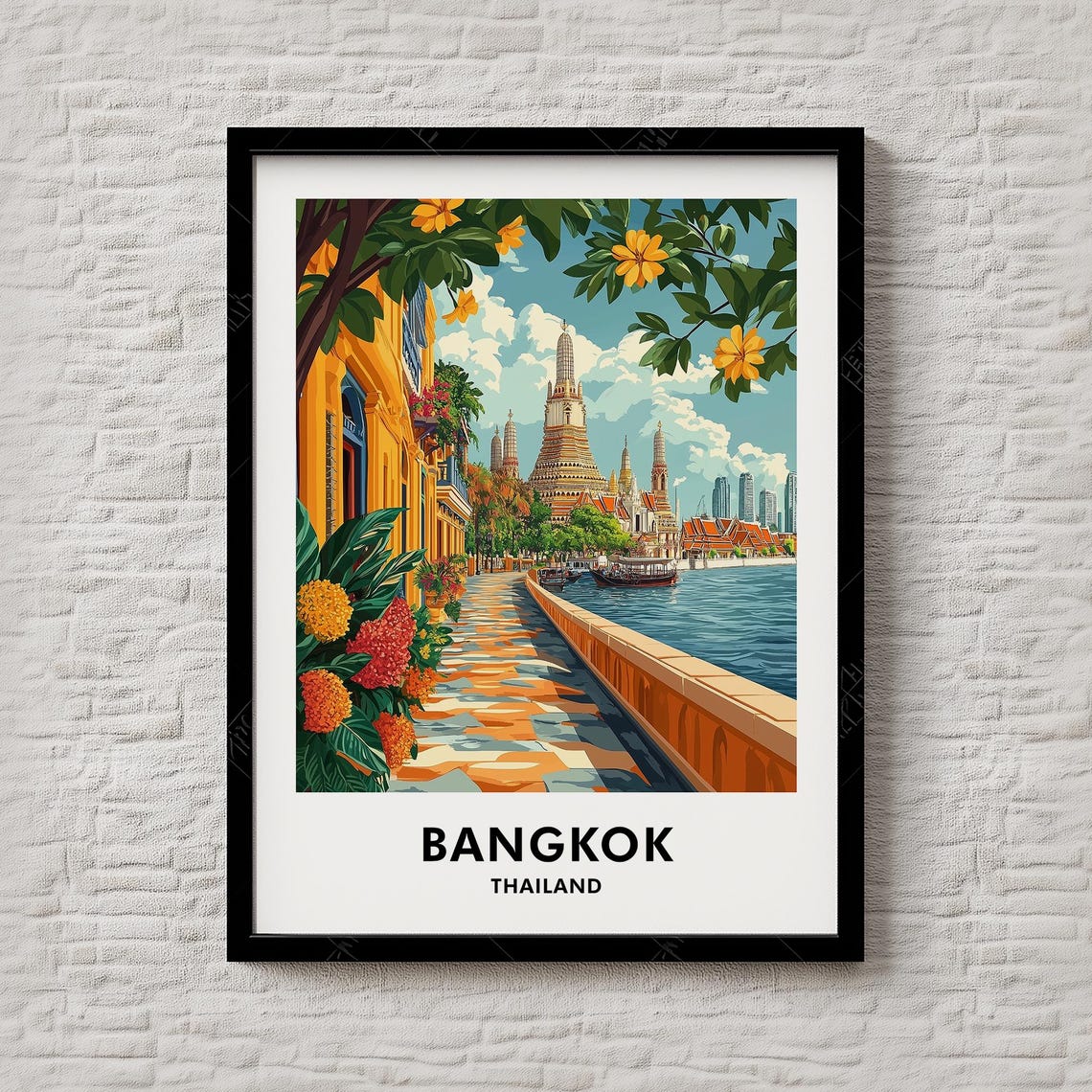 Bangkok Thailand Wat Arun Riverside Temple Floral Travel Poster