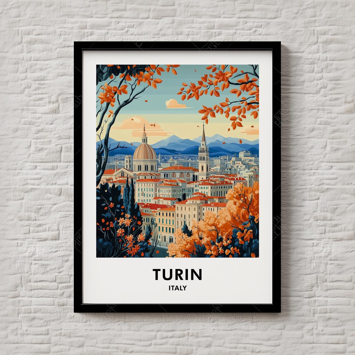 Turin Italy Travel Poster Autumn Skyline Dome Alps Mountain View Art