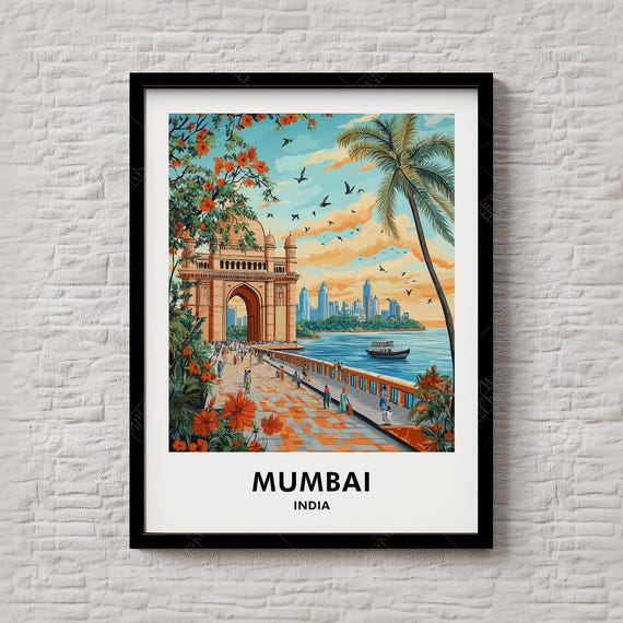 Mumbai India Gateway of India Vintage Palm Waterfront Travel Poster