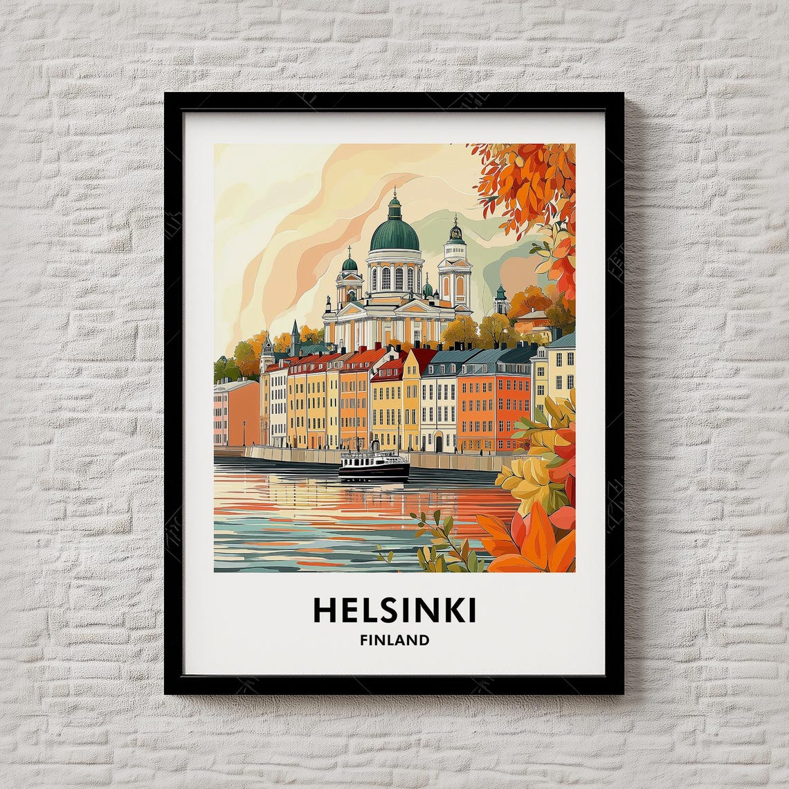 Helsinki Finland Harbor Cathedral Autumn Waterfront Travel Poster