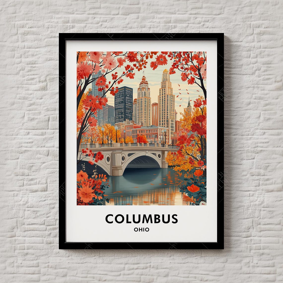 Columbus Ohio Autumn Skyline Bridge Fall Foliage Travel Poster