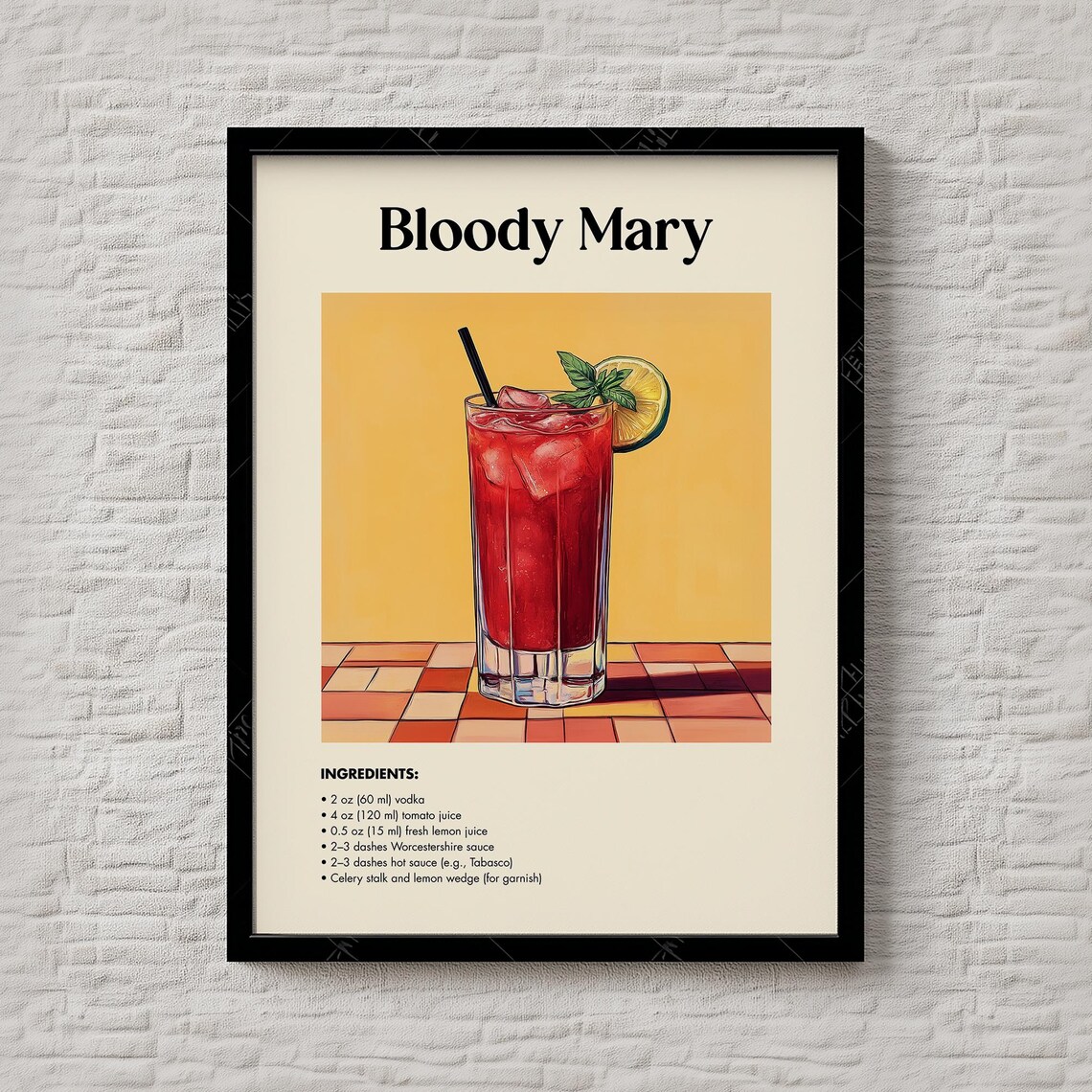 Bloody Mary Cocktail Recipe Print Retro Tomato Vodka Drink Bar Decor