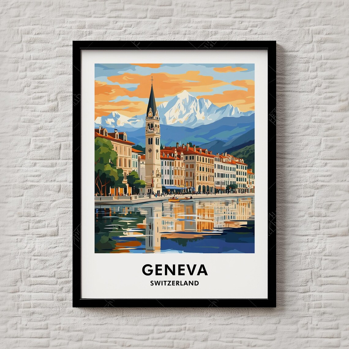 Geneva Switzerland Sunset Waterfront Mountain View Travel Poster