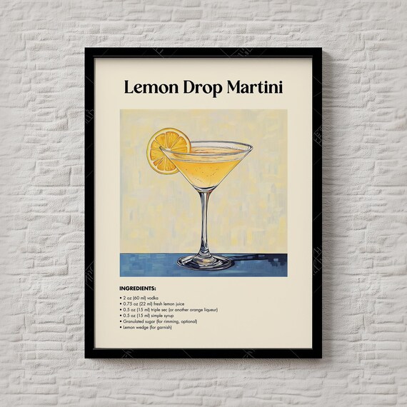 Lemon Drop Martini Vodka Citrus Cocktail Recipe Illustration Poster