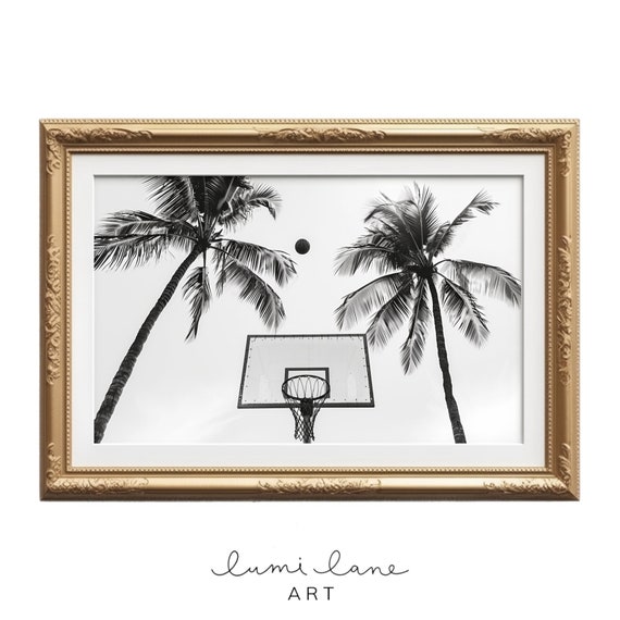 Basketball Photography Instant Art Black And White Simplistic Court Palm Trees Hoop Ring Ball