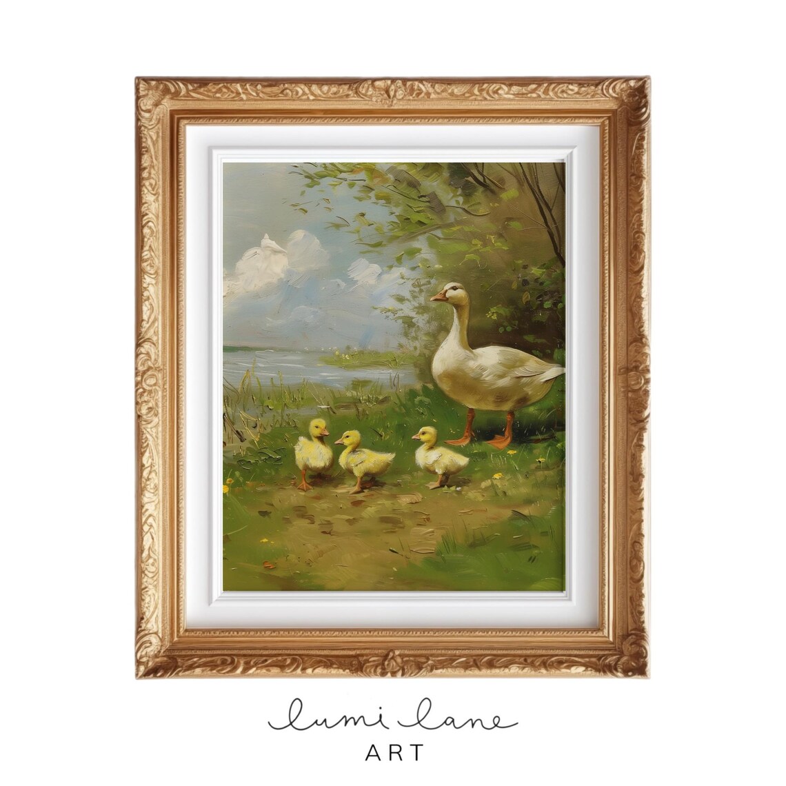 Mother Goose With Three Goslings Lakeside Vintage Style Art Poster