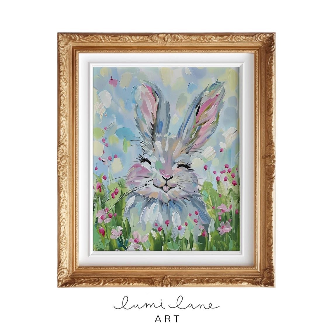 Smiling Spring Bunny Rabbit in Flowers Pastel Easter Nursery Wall Art