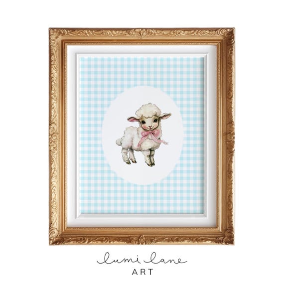 Gingham Lamb Art Blue Pink Yellow And Green Nursery Wall Cute Vintage Style Adorable Kitsch Sheep Print
