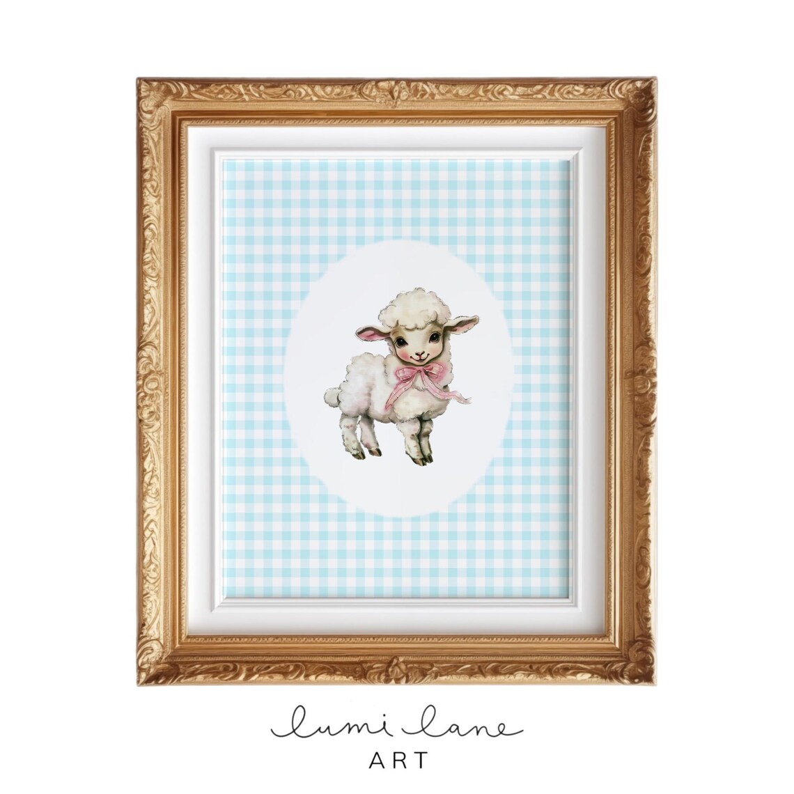 Sweet Lamb with Pink Bow Blue Gingham Vintage Nursery Animal Poster