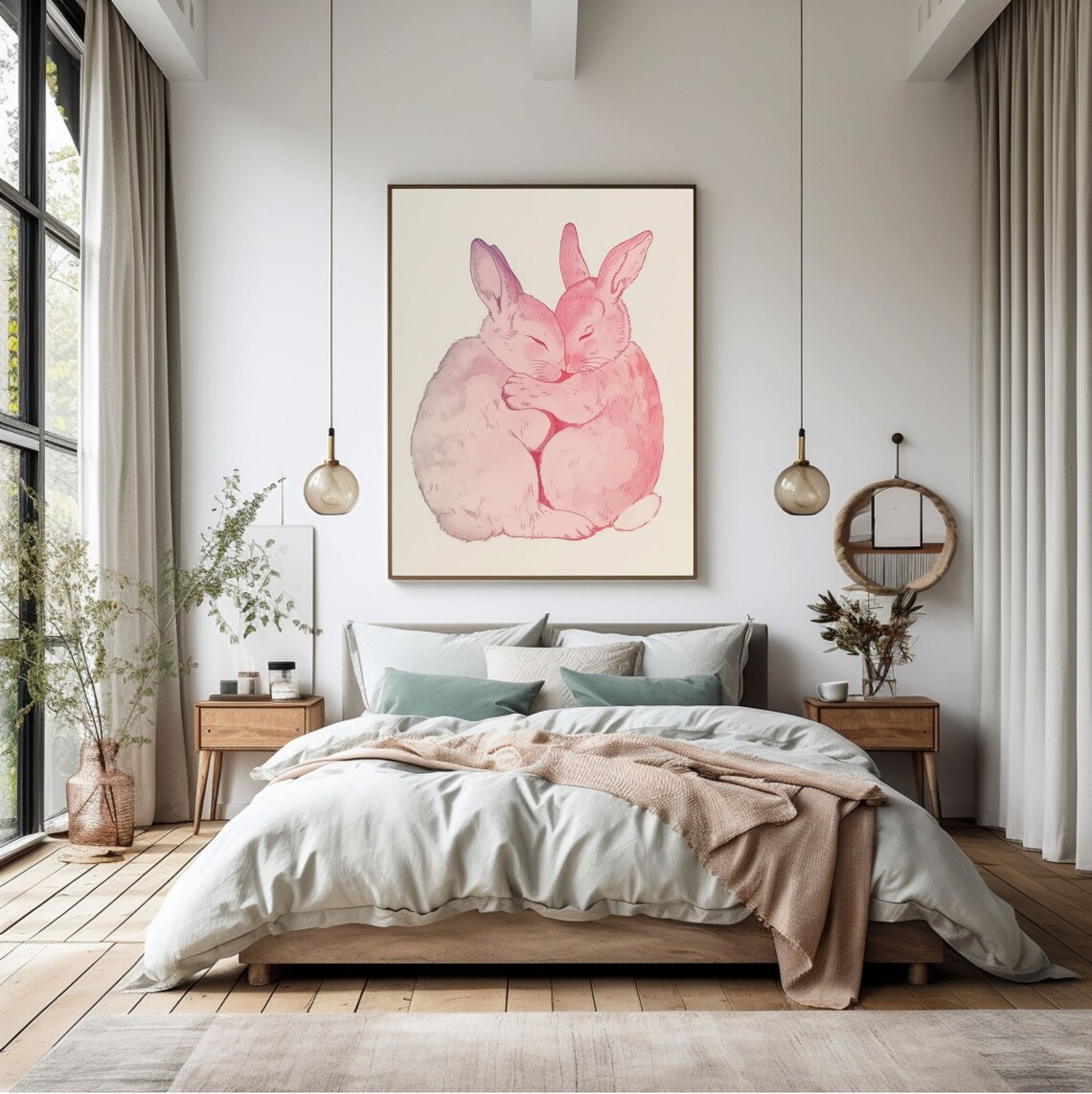 Two Pink Watercolor Bunnies Hugging Each Other Sweetly Poster