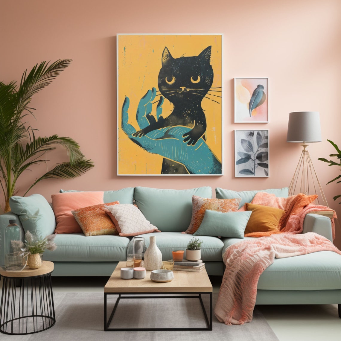Retro Black Cat Held By Giant Blue Hand On Yellow Art Poster