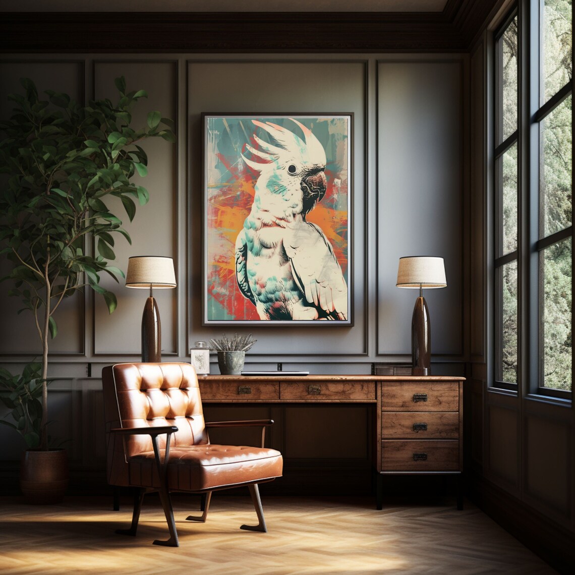 White Cockatoo Parrot Pop Art With Orange And Teal Wall Poster