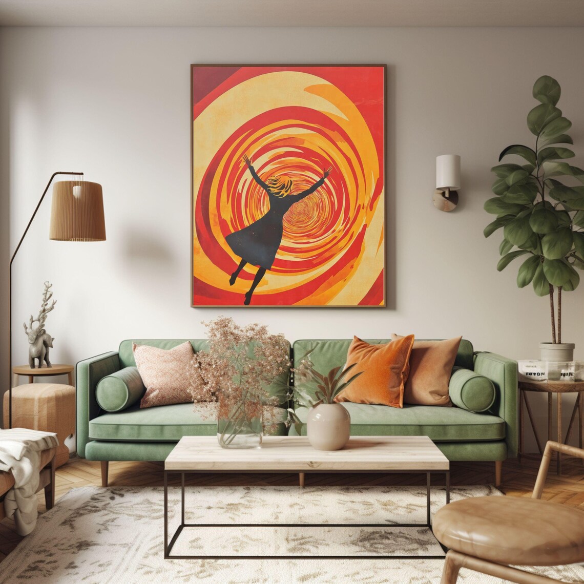 Dancing Girl Silhouette in a Retro Orange Vortex Swirl Art Poster