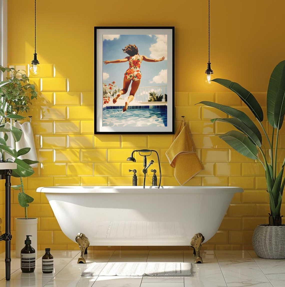 Joyful Retro Woman Diving into Sparkling Swimming Pool Poster