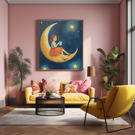 Girl Drinking Coffee Wall Art Crescent Moon Poster Moon Wall Art Cute Coffee Decor