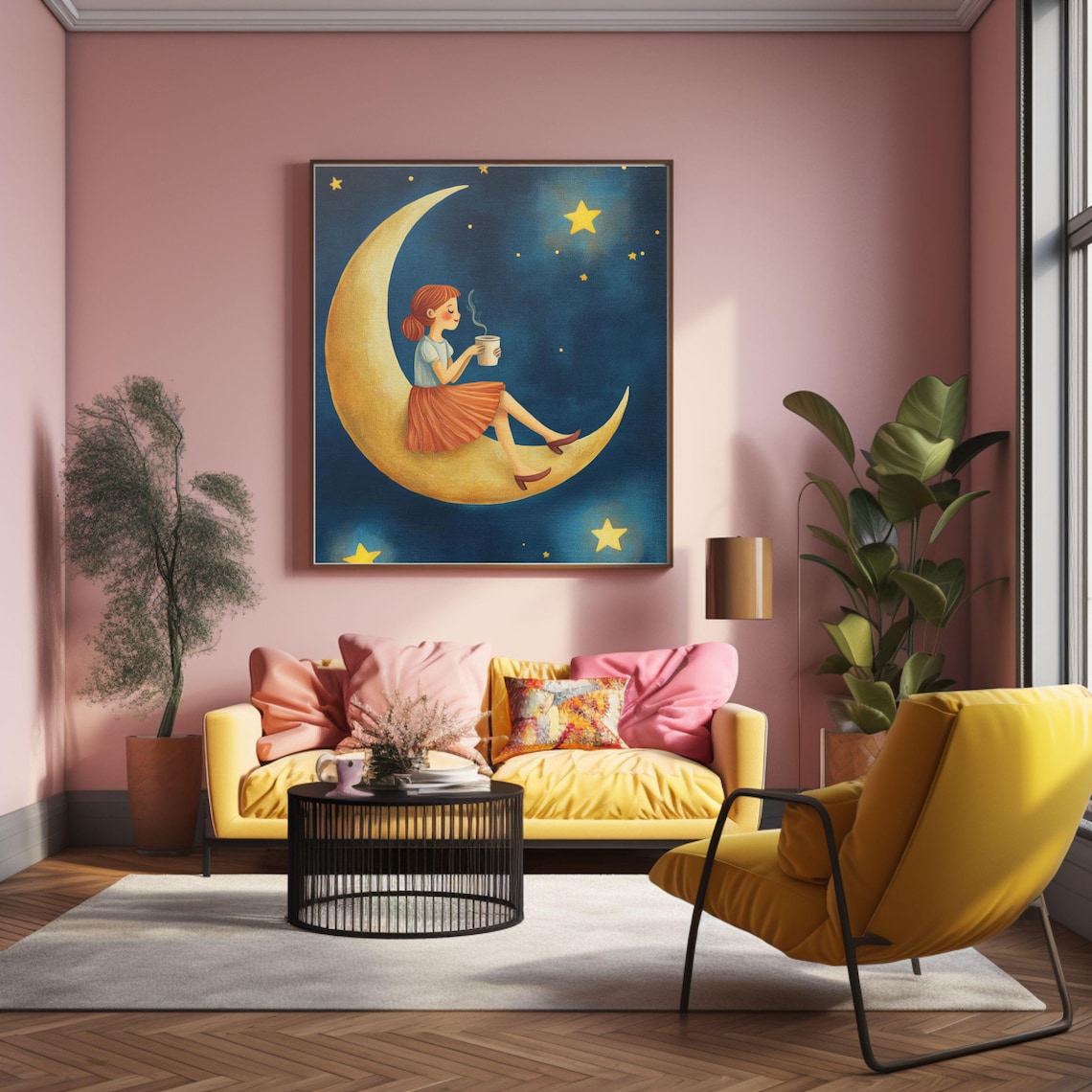 Girl Sitting on a Crescent Moon Drinking Coffee Night Sky Poster