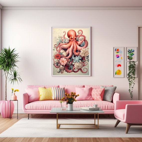 Vintage Octopus Art Poster Octopus With Flowers Poster With Octopus Pink Octopus Kitsch Poster