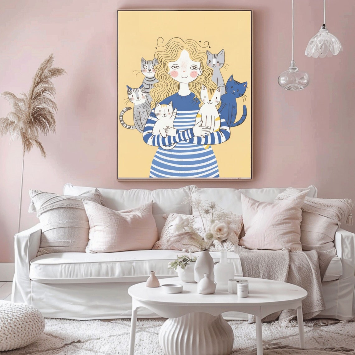 Cat Lady Hugging Her Five Cats Cute Illustration Wall Poster