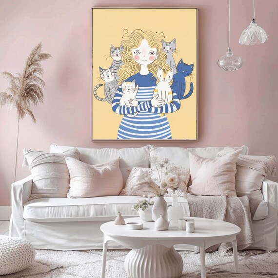 Cat Lady Hugging Her Five Cats Cute Illustration Wall Poster