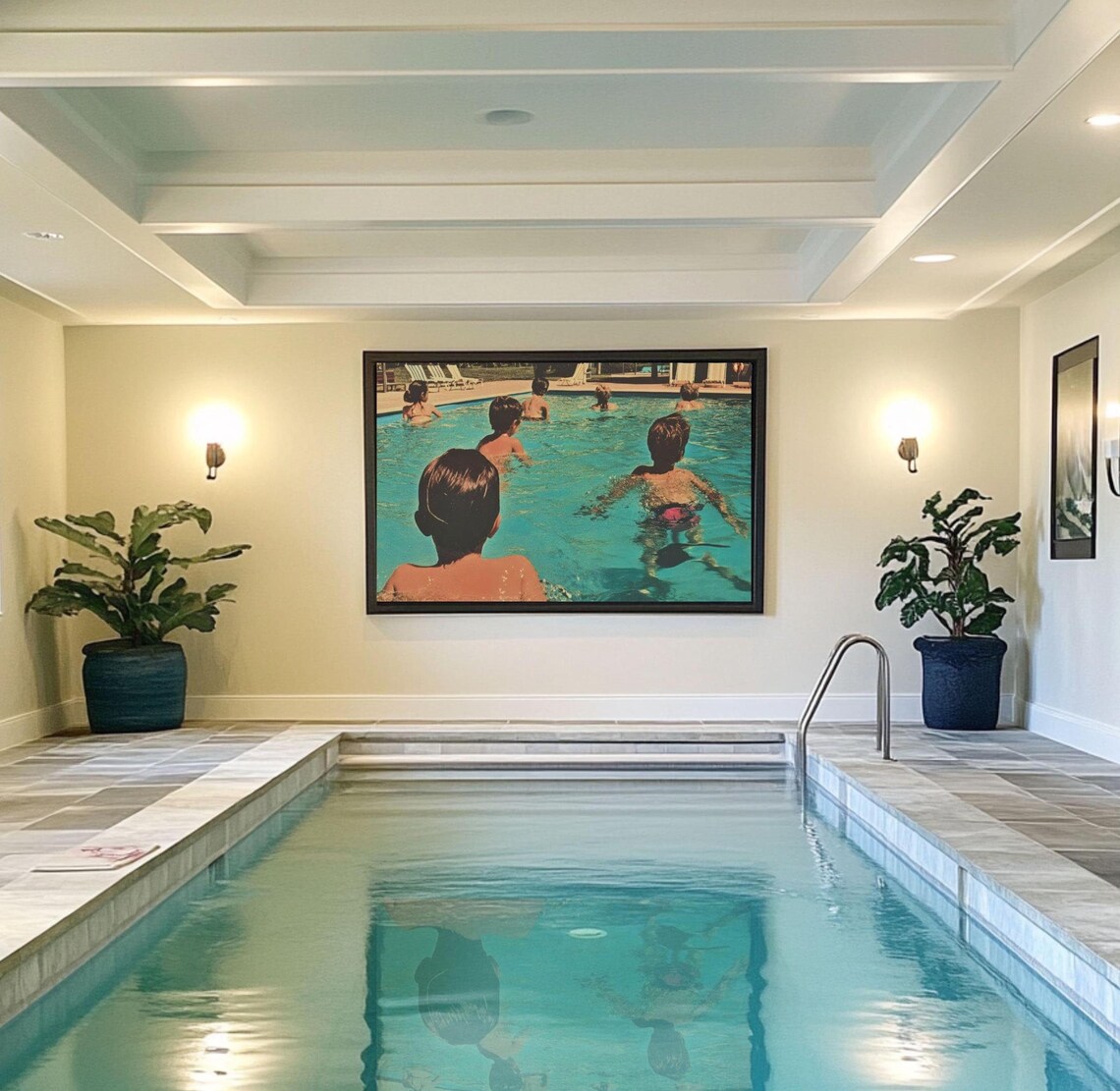 Vintage Photograph of Kids Swimming in a Turquoise Pool Poster