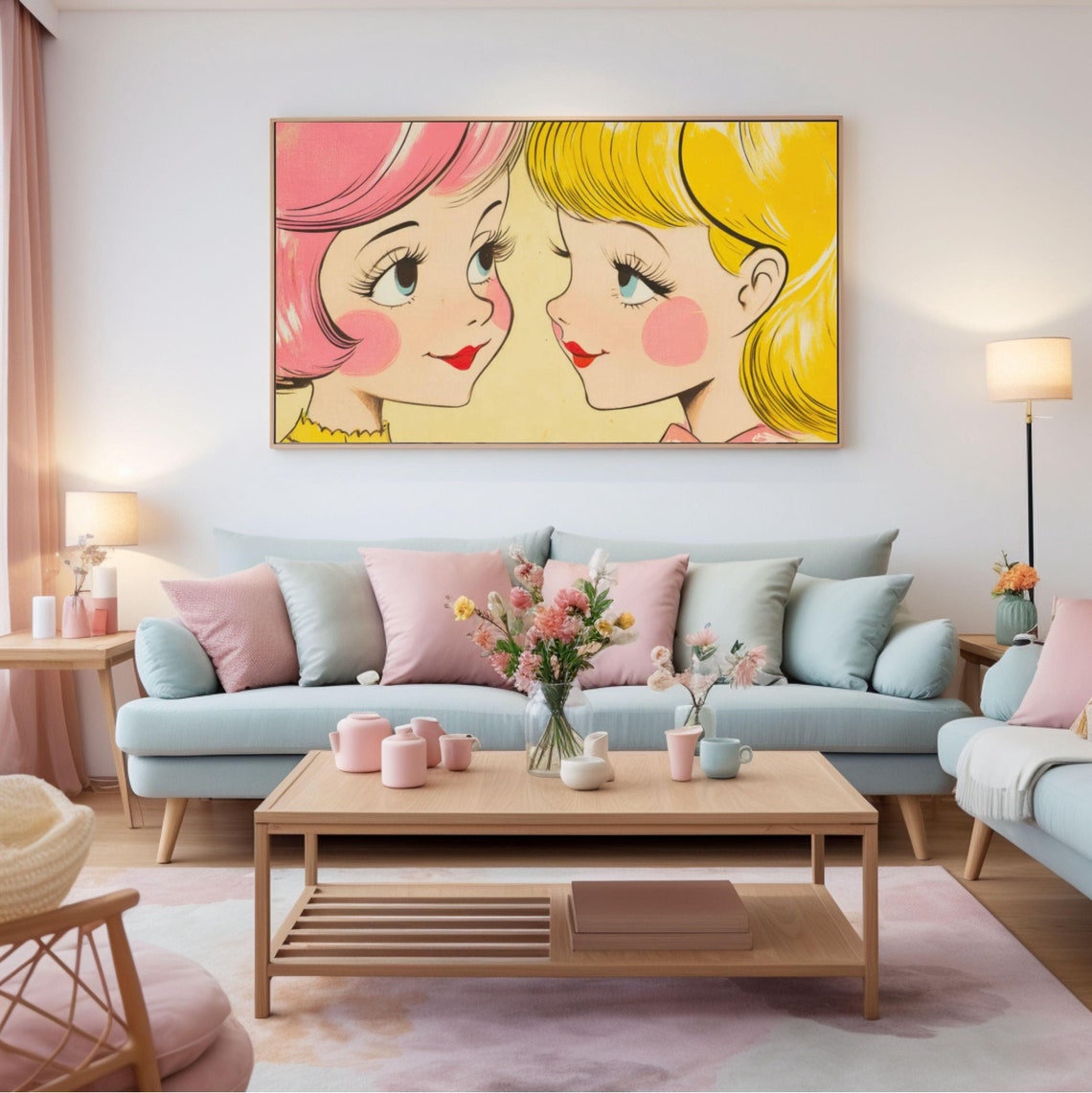 Retro Comic Book Girls Face to Face Sweet Vintage Pop Art Poster