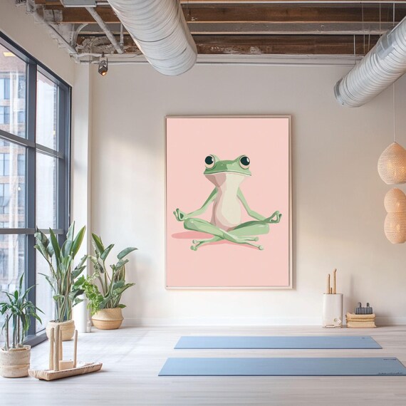 Cute Green Frog in Lotus Yoga Pose on Pink Background Poster