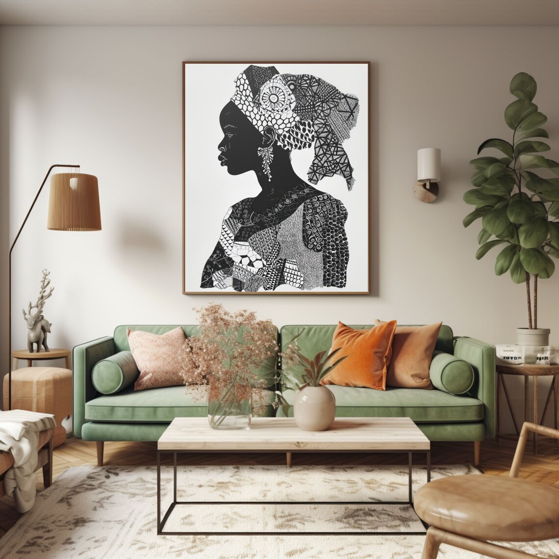 African Woman Profile Patterned Headwrap Elegant Portrait Art Poster