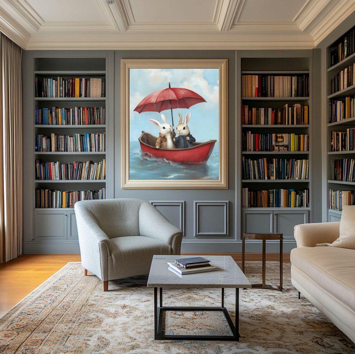 Bunnies in a Boat With Umbrella, Cute Rabbit Art Print