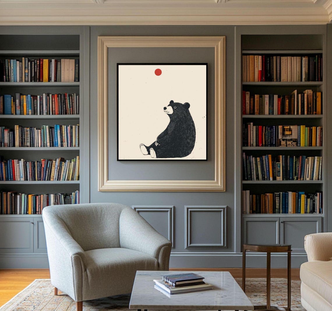 Black Bear Gazing at a Red Sun Minimalist Japanese Style Poster