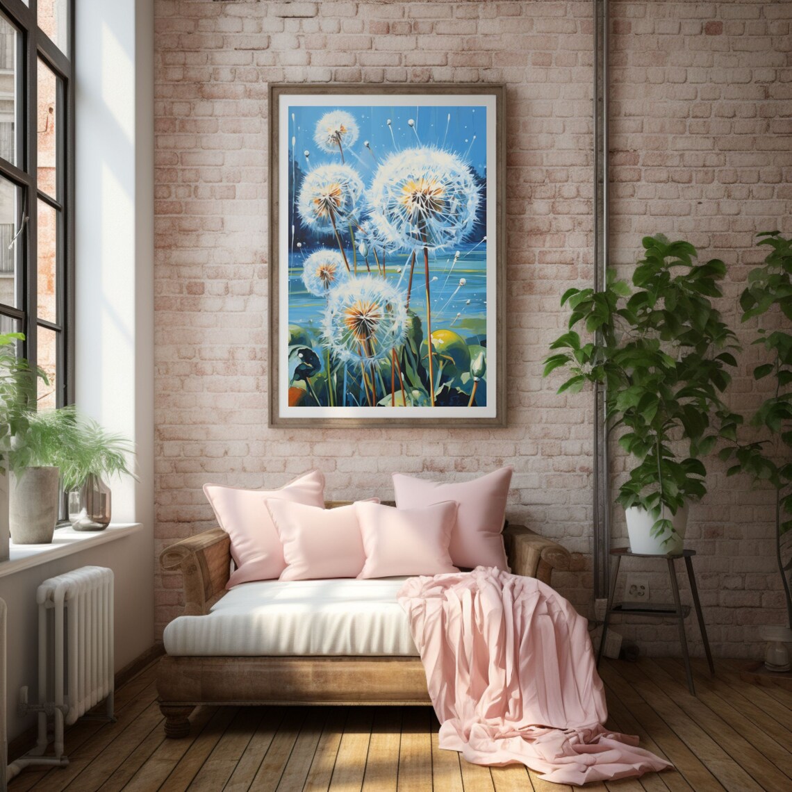 White Dandelion Seed Heads Against a Blue Sky Painting Poster