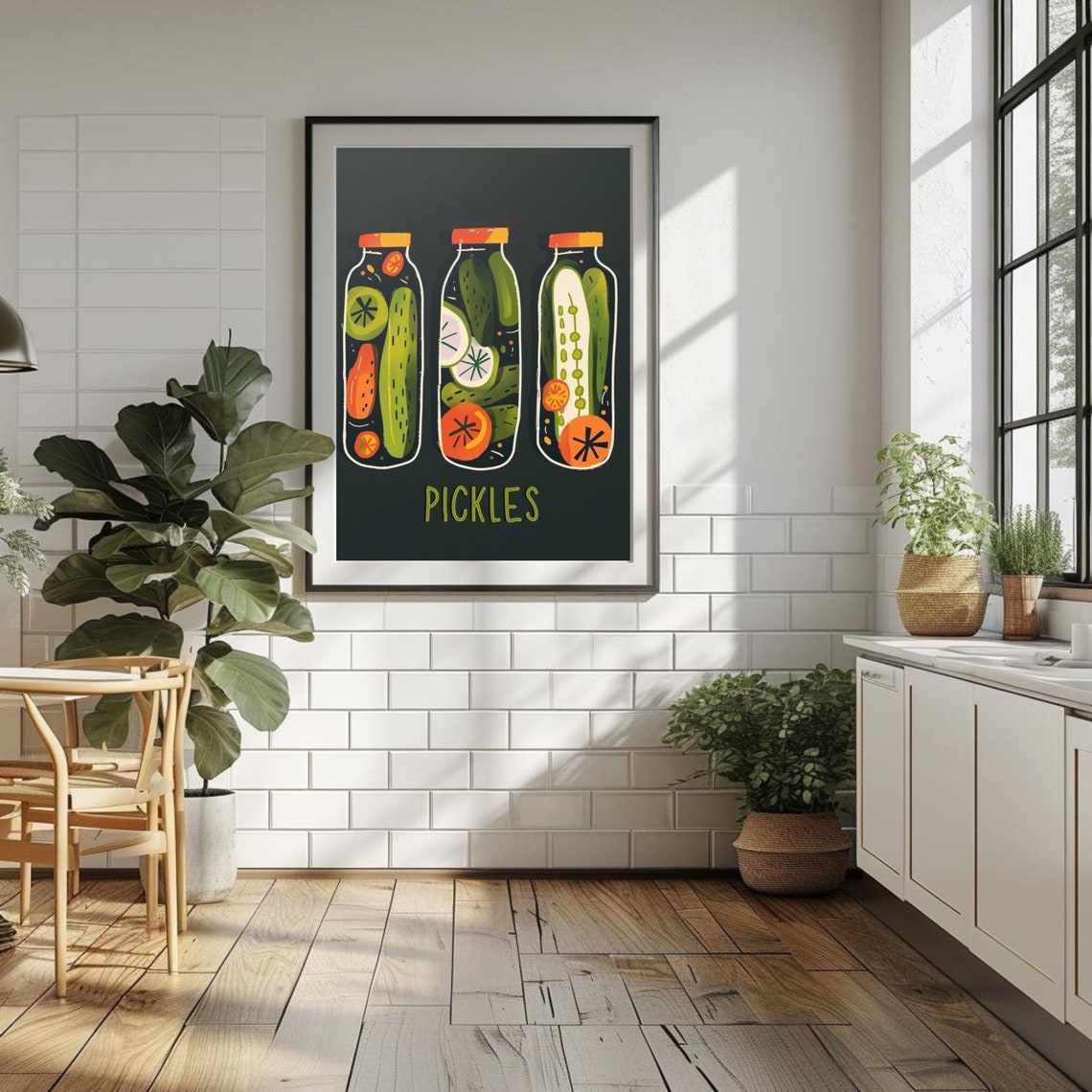 Three Illustrated Pickle Jars Labeled PICKLES Retro Kitchen Poster