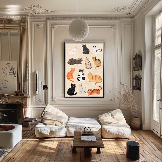 Twelve Cute Cats Minimalist Illustration Art Poster For Cat Lovers