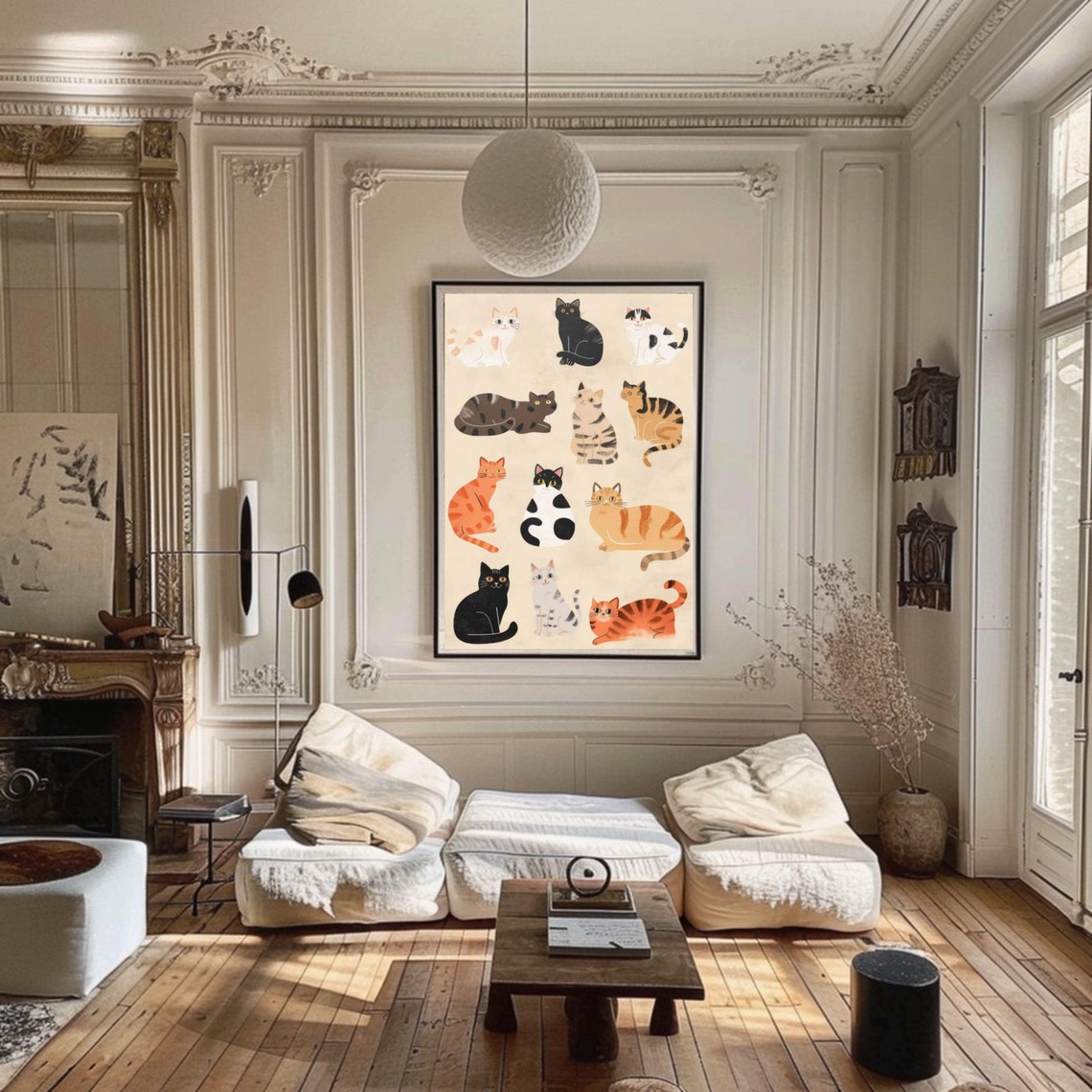 Twelve Cute Cats Minimalist Illustration Art Poster For Cat Lovers