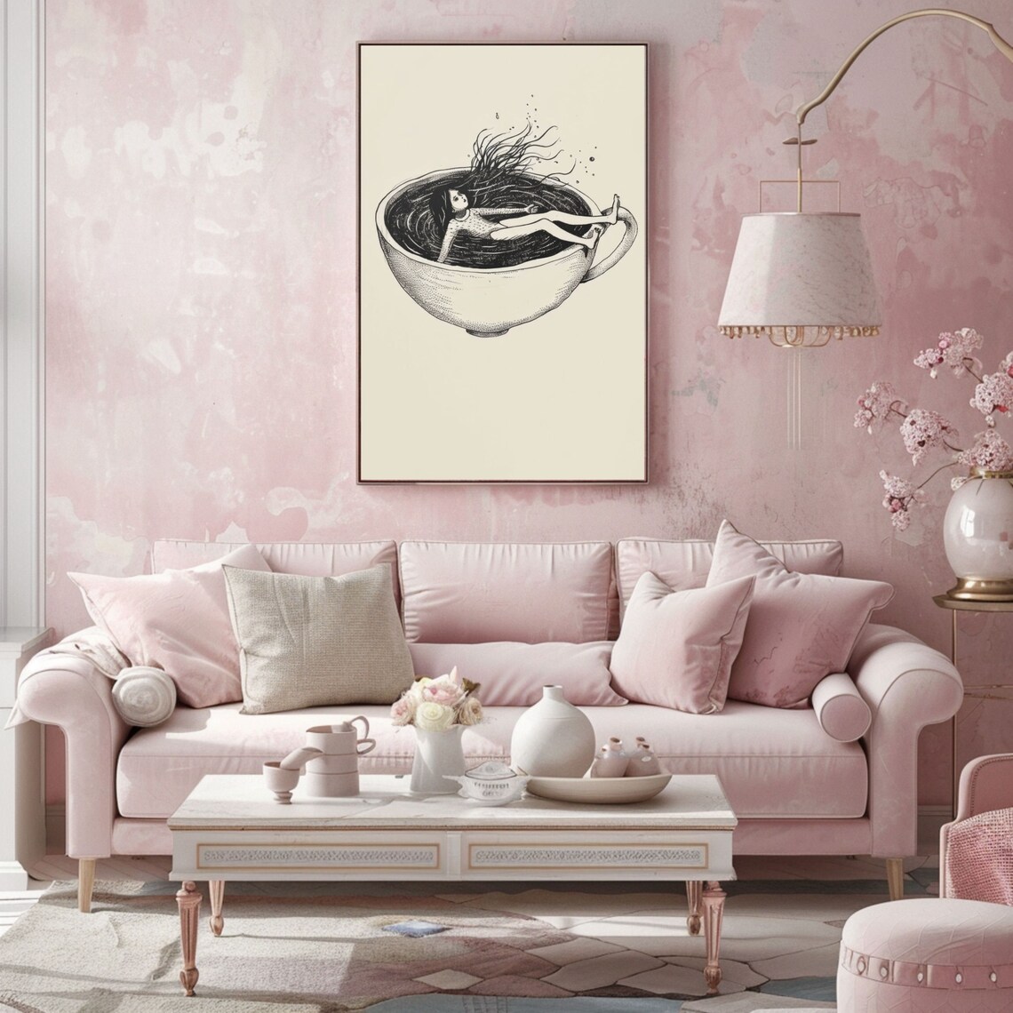 Girl Floating In A Giant Teacup Delicate Surreal Ink Drawing Poster